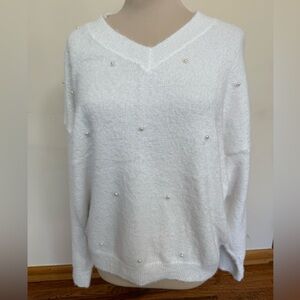 Elegant White V-Neck Sweater with Pearl Accents